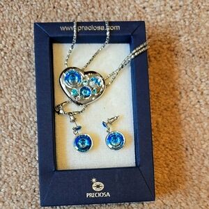 Preciosa Blue Crystal Heart Necklace and Earrings Set fr Czech Republic Vintage